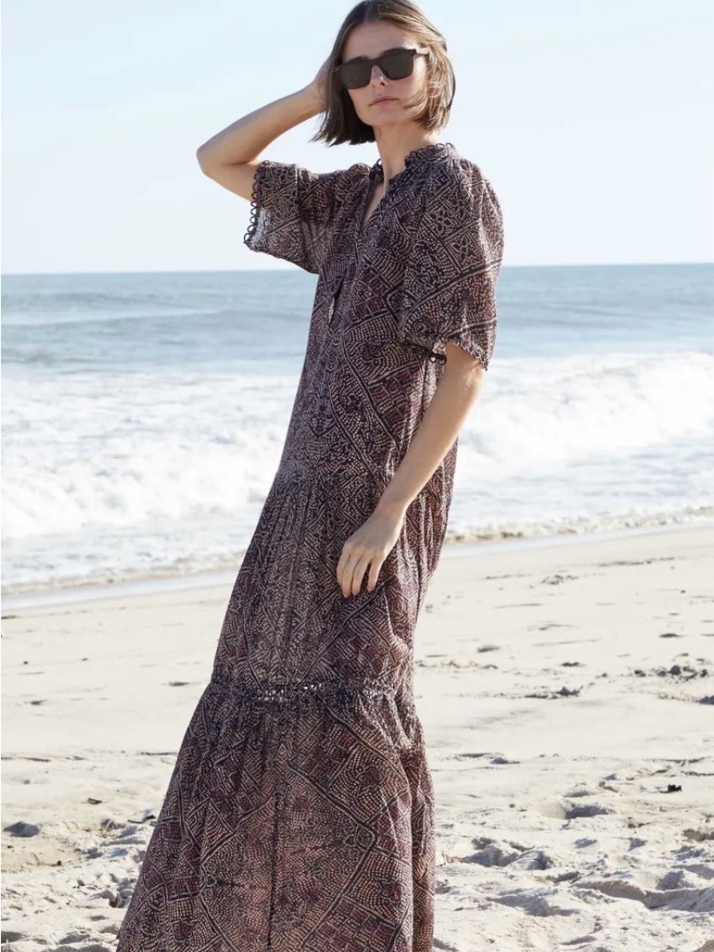 Apiece Apart Alta Bohemian Maxi Dress in Brown Geometric Print Sz 4